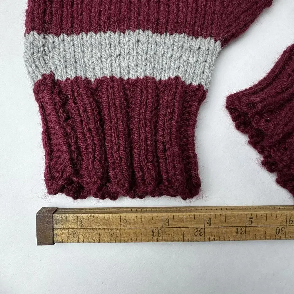 Hand Knit Mittens Burgundy Wine Red‎ Gray Stripe Adult 10”x5”